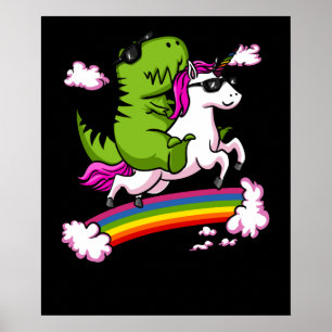 T-Rex Dinosaur Riding Magical Unicorn Rainbow Poster