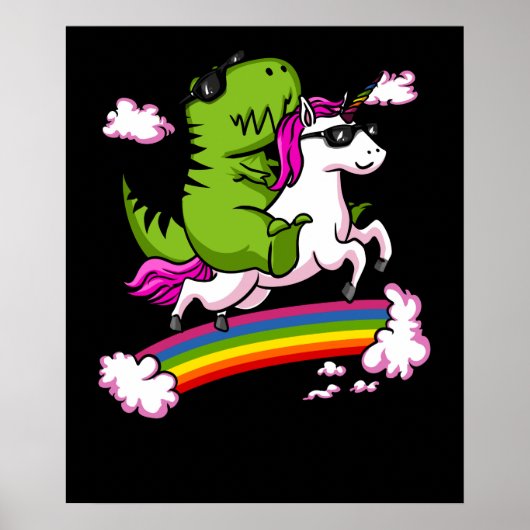 T-Rex Dinosaur Riding Magical Unicorn Rainbow Poster (Voorkant)
