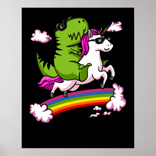 T-Rex Dinosaur Riding Magical Unicorn Rainbow Poster (Voorkant)