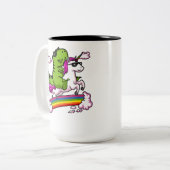 T-Rex Dinosaur Riding Magical Unicorn Rainbow Tweekleurige Koffiemok (Voorkant links)