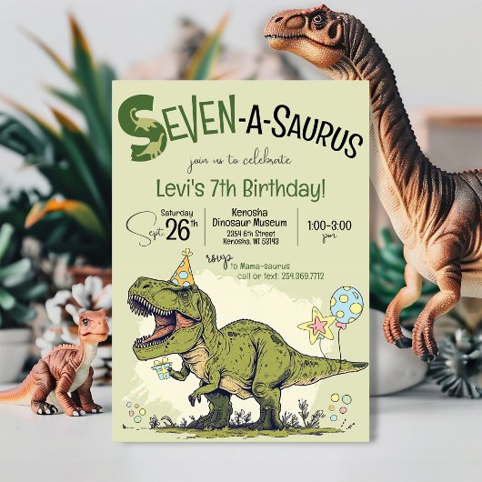 T-Rex Dinosaur Seven-A-Saurus 7e Verjaardagsfeestj Kaart
