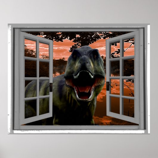 T-Rex Dinosaur Sunset Uitzicht Faux Window Poster (Voorkant)