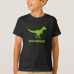 T rex dinosaur t shirt personalized with kids name<br><div class="desc">Cute Green trex dinosaur t shirt personalized with kids name. Cute prehistc t rex clothing design for little boys birthday party. Make one for son,  grandson,  new baby,  grandchild,  new mom,  mother to be,  newborn child etc. Wild Pre histc t rex animal cartoon illustration for children. Tyrannosaurus rex.</div>