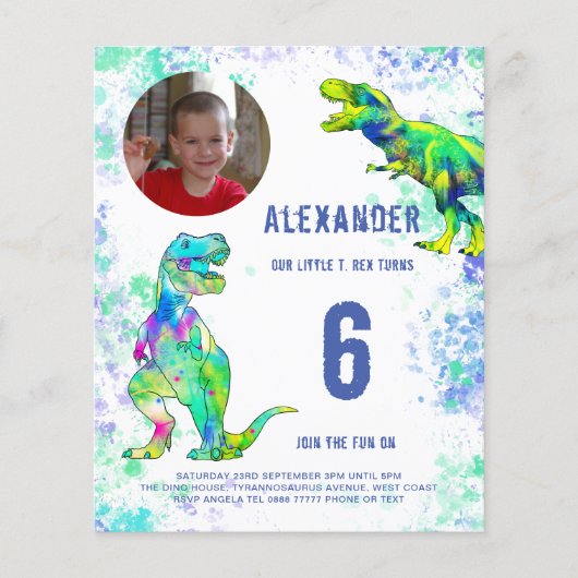 T Rex Dinosaur Verjaardagsfeest Foto Budget Flyer (Voorkant)