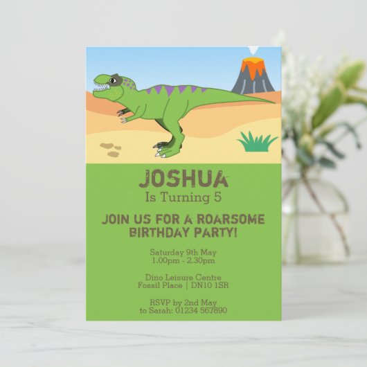 T-Rex Dinosaur & Volcano Verjaardagsfeestje Uitnod Kaart (Staand voorkant)