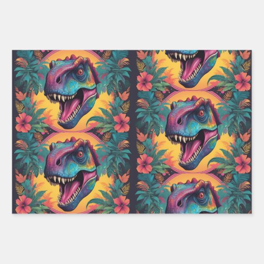 T-Rex Dinosaur Wrapping Paper Flat Sheet Set van 3 (Voorkant 2)