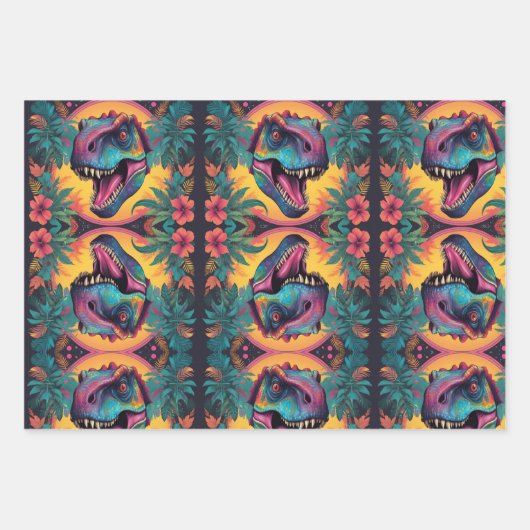 T-Rex Dinosaur Wrapping Paper Flat Sheet Set van 3 (Voorkant)