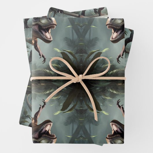 T-Rex Dinosaur Wrapping Paper Flat Sheet Set van 3 (In situ)