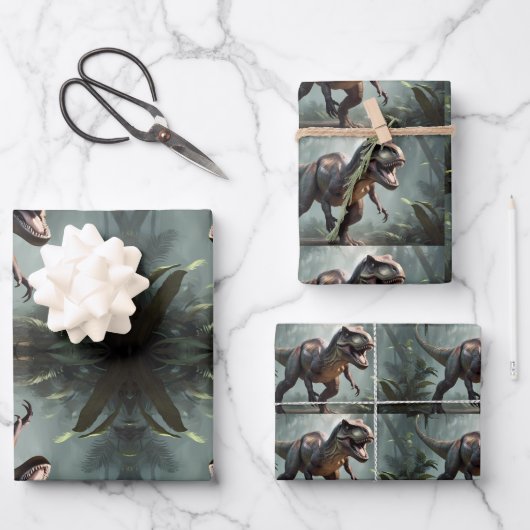 T-Rex Dinosaur Wrapping Paper Flat Sheet Set van 3 (Voorkant)