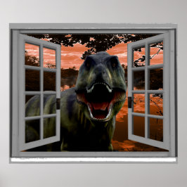 T-Rex Dinosaur Zonsondergang Nep Raam Poster