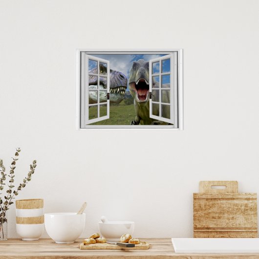 T-Rex Dinosaurs Faux Uitzicht Poster (Keuken)