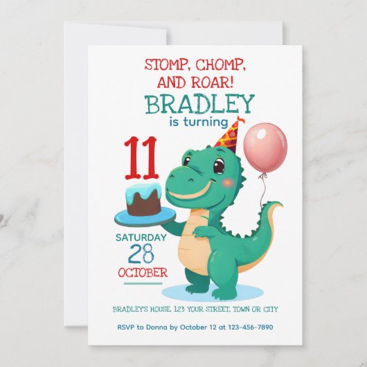 T rex dinosaurus 11e verjaardag feestuitnodiging kaart (Voorkant)