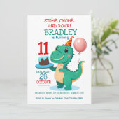 T rex dinosaurus 11e verjaardag feestuitnodiging kaart (Staand voorkant)