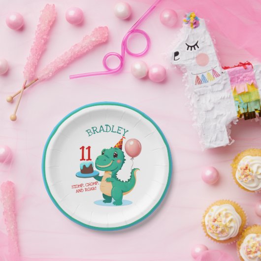 T Rex Dinosaurus 11e verjaardagsfeestje Papieren Bordje (Feest)