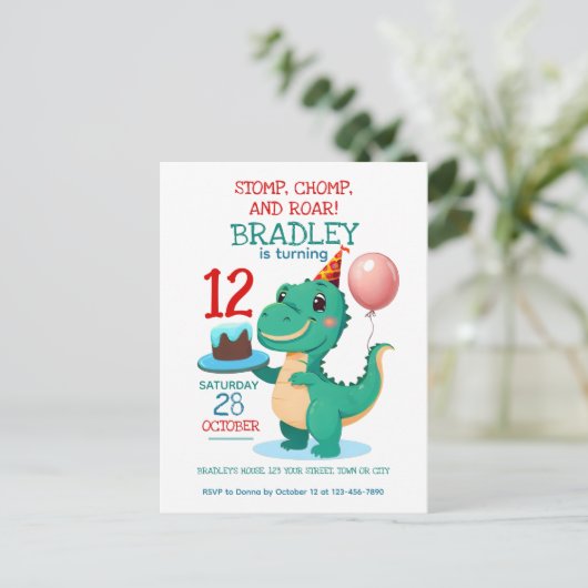 T Rex Dinosaurus 12e verjaardag Party uitnodiging (Staand voorkant)