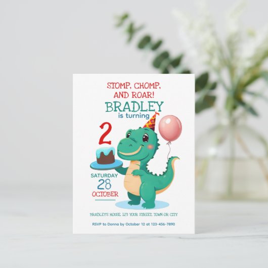 T Rex Dinosaurus 2e Verjaardag Feest Uitnodiging (Staand voorkant)