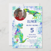 T. rex dinosaurus 5e verjaardag foto groen blauw kaart (Voorkant)
