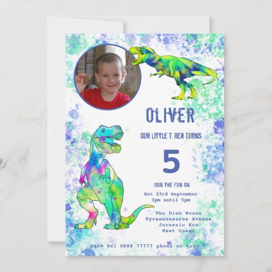 T. rex dinosaurus 5e verjaardag foto groen blauw kaart (Voorkant)
