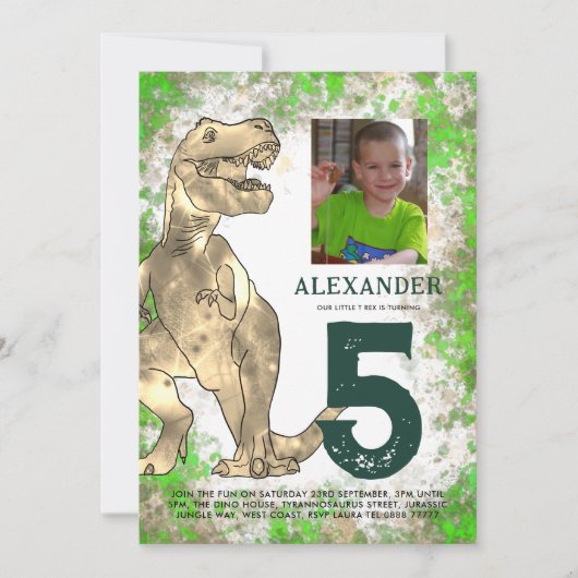 T-Rex Dinosaurus 5e Verjaardagsfeest Kaart (Voorkant)
