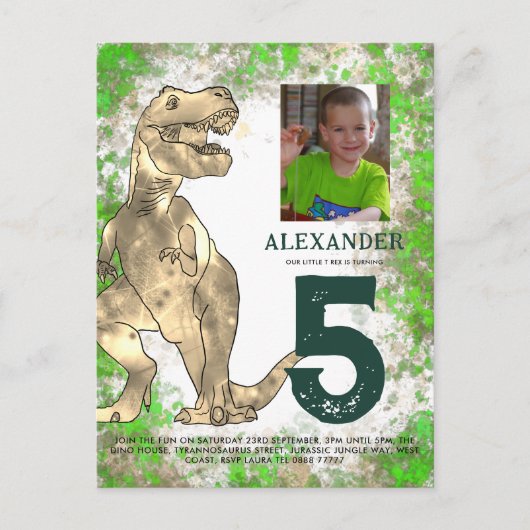 T-Rex Dinosaurus 5e Verjaardagsfeest Uitnodiging Briefkaart (Voorkant)