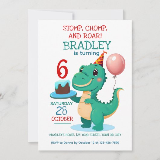 T rex dinosaurus 6e verjaardag feestuitnodiging kaart (Voorkant)