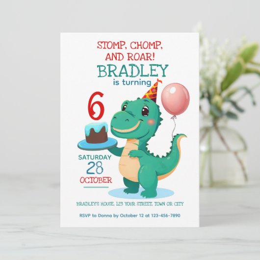 T rex dinosaurus 6e verjaardag feestuitnodiging kaart (Staand voorkant)