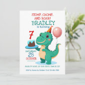 T rex dinosaurus 7e verjaardag feestuitnodiging kaart (Staand voorkant)