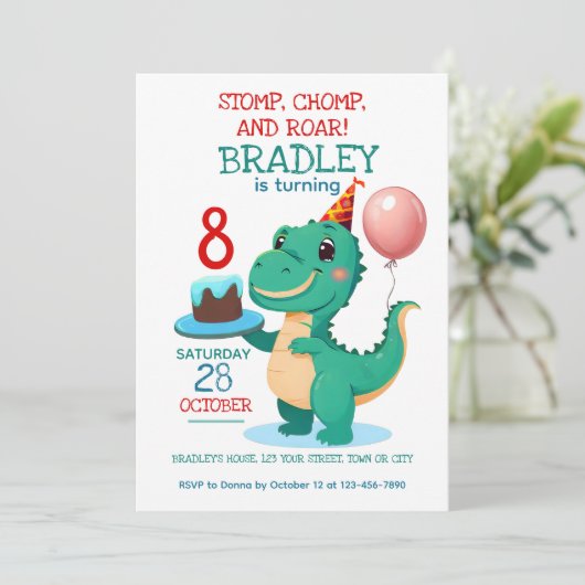 T Rex Dinosaurus 8e Verjaardag Feest Uitnodiging (Staand voorkant)