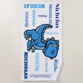 T rex dinosaurus blauw gepersonaliseerde naam strandlaken (Voorkant)
