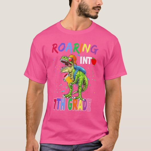T rex dinosaurus brullend in 7e graad terug t-shirt (Voorkant)