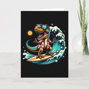 T-rex-dinosaurus die op surfplank surft, strandlie kaart