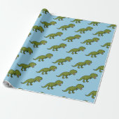 T-Rex Dinosaurus Groen Blauw Naadloos Patroon Cadeaupapier (Uitgerold)