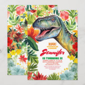 T-Rex Dinosaurus Kleurrijke Bloemen Meisje Verjaar Kaart (Voorkant / Achterkant)