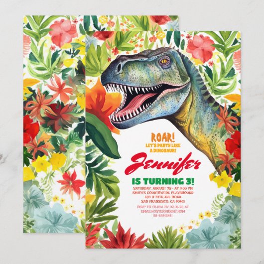 T-Rex Dinosaurus Kleurrijke Bloemen Meisje Verjaar Kaart (Voorkant / Achterkant)