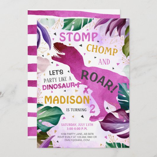 T Rex Dinosaurus Meisje Verjaardag Kaart (Voorkant / Achterkant)