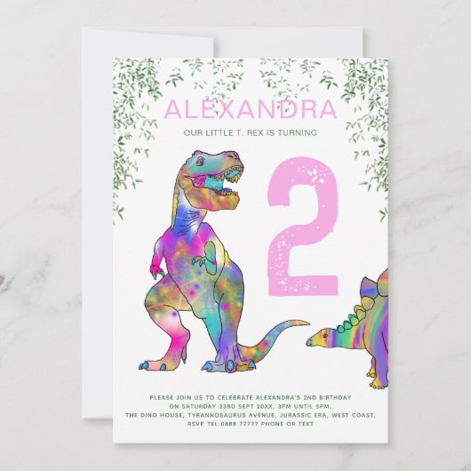 T-Rex Dinosaurus Meisjes Verjaardagsfeest Kaart (Voorkant)