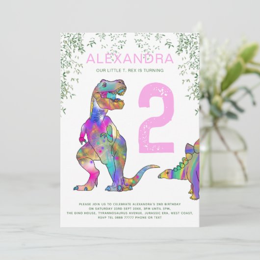 T-Rex Dinosaurus Meisjes Verjaardagsfeest Kaart (Staand voorkant)