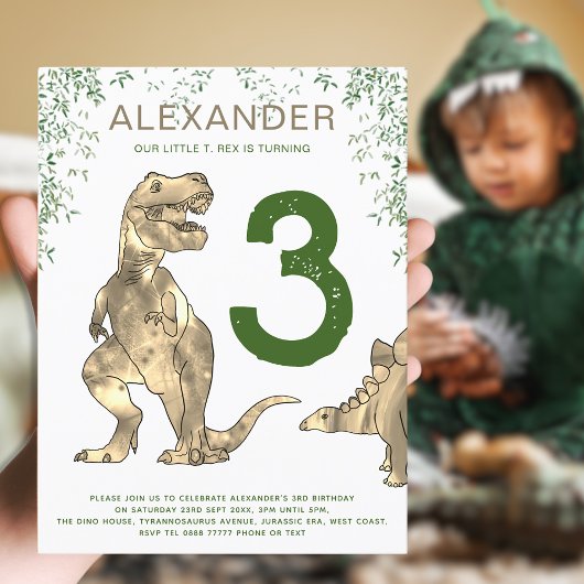 T-Rex Dinosaurus Oerwoud 3e Verjaardagsfeestbudget Uitnodiging Briefkaart