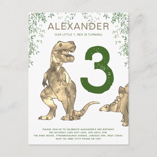 T-Rex Dinosaurus Oerwoud 3e Verjaardagsfeestbudget Uitnodiging Briefkaart (Voorkant)