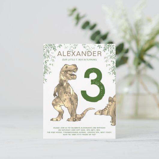 T-Rex Dinosaurus Oerwoud 3e Verjaardagsfeestbudget Uitnodiging Briefkaart (Staand voorkant)