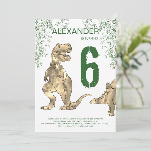 T-Rex Dinosaurus Oerwoud 6e Verjaardagsfeest Kaart (Staand voorkant)
