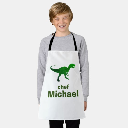 T-rex dinosaurus print aangepaste naam schort (Gedragen)