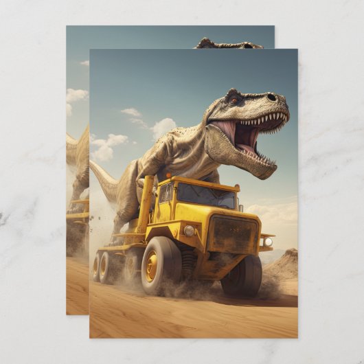T-Rex Dinosaurus Rijden Een Dump Truck Verjaardags Kaart (Voorkant / Achterkant)