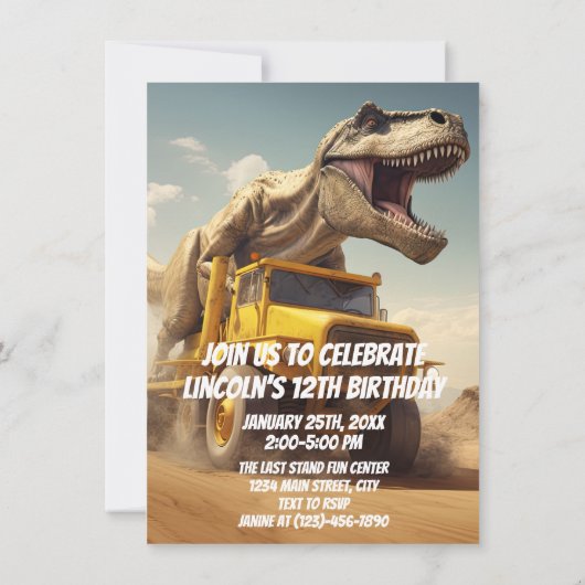 T-Rex Dinosaurus Rijden Een Dump Truck Verjaardags Kaart (Achterkant)