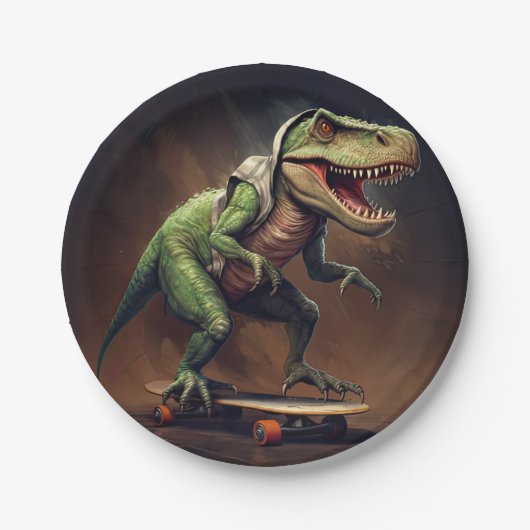 T-Rex Dinosaurus Rising a Skateboard Verjaardagsfe Papieren Bordje (Voorkant)