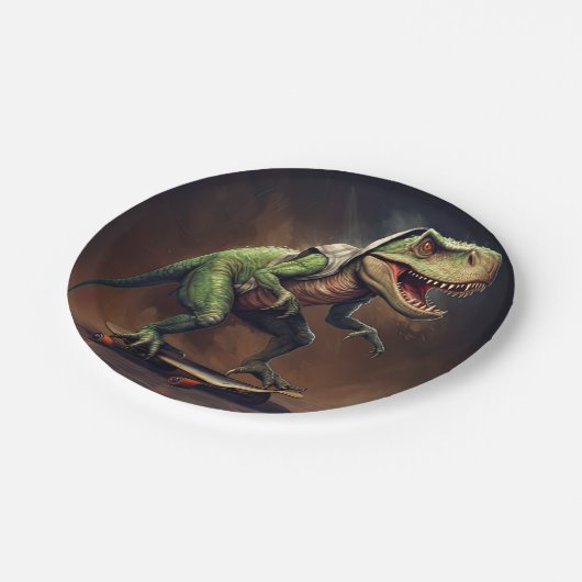 T-Rex Dinosaurus Rising a Skateboard Verjaardagsfe Papieren Bordje (Gekanteld)