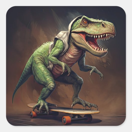 T-Rex Dinosaurus Rising a Skateboard Verjaardagsfe Vierkante Sticker (Voorkant)