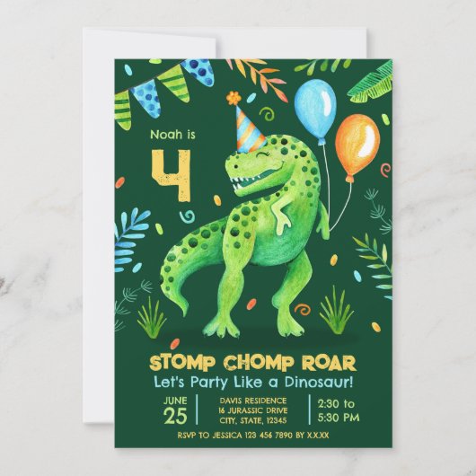 T Rex Dinosaurus Stomp Chomp Roar Boy Foto Verjaar Kaart (Voorkant)