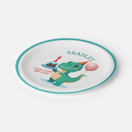 T rex dinosaurus toevoegen leeftijd verjaardagsfee papieren bordje (Gekanteld)