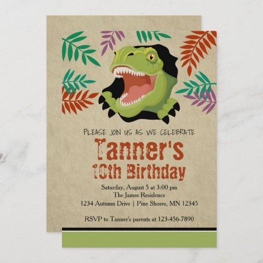 T Rex Dinosaurus Verjaardag Uitnodigingen (Voorkant / Achterkant)